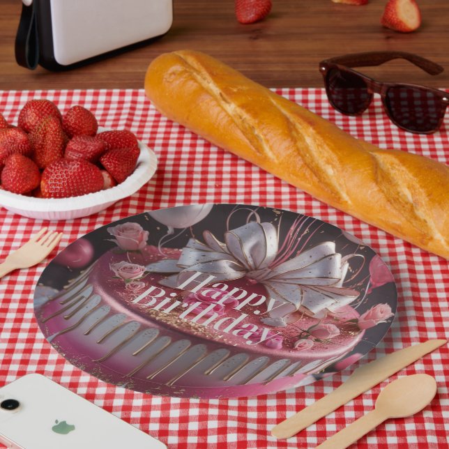 Prato De Papel Elegant Pink & Gold Birthday Cake Design (Piquenique)