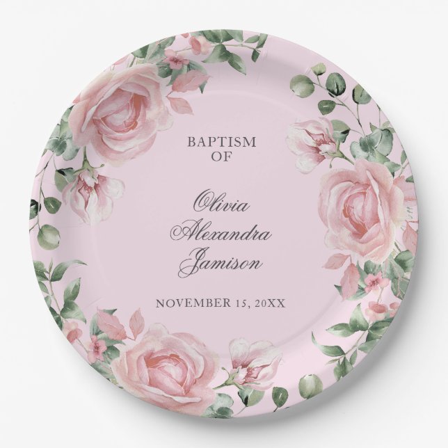 Prato De Papel Elegant Pink Rose Girl's Baptism (Frente)