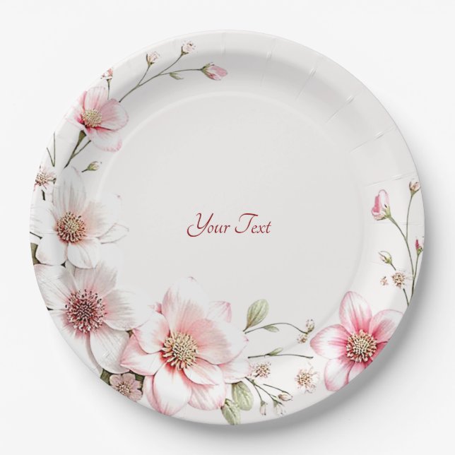 Prato De Papel Elegant Pink White Floral Paper Plate (Frente)