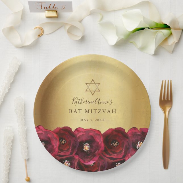 Prato De Papel Elegant Red Rose Floral Gold Bat Mitzvah (Casamento)