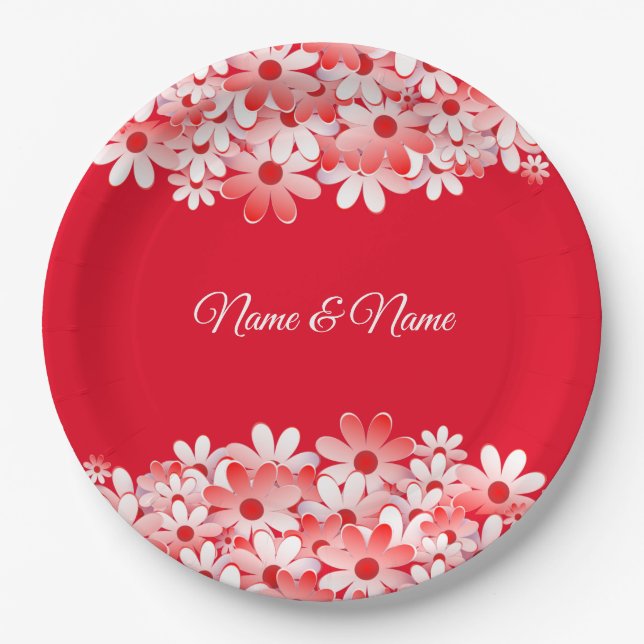 Prato De Papel Elegant Red White Floral Name Party (Frente)