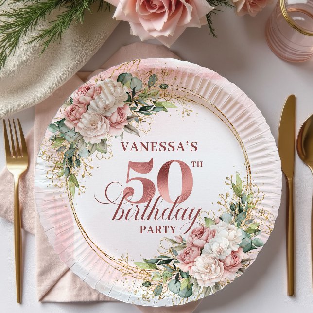 Prato De Papel Elegant Rose Gold Blush Floral 50th Birthday Party (Elegant Rose Gold Blush Floral 50th Birthday Party Paper Plates

)