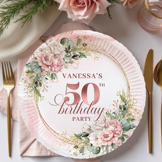Prato De Papel Elegant Rose Gold Glitter 50th Birthday Floral   (Elegant Rose Gold Glitter 50th Birthday Floral Party Paper Plates

)