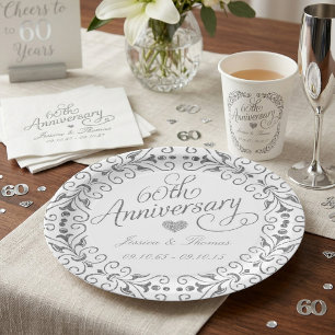 Prato De Papel Elegant Script 60º Aniversário de Casamento Diaman