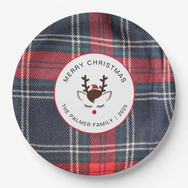 Prato De Papel Elegant Tartan Plaid & Reindeer Christmas Family (Frente)