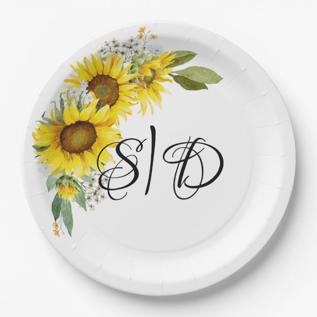 Prato De Papel Elegant typography sunflowers wedding (Frente)