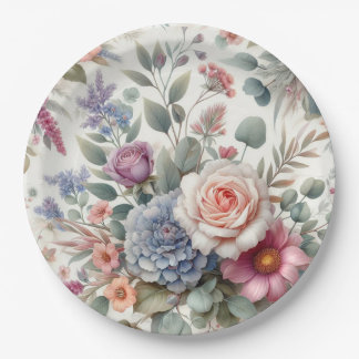 Prato De Papel Elegant Watercolor Pastel Floral Roses Paper Plate