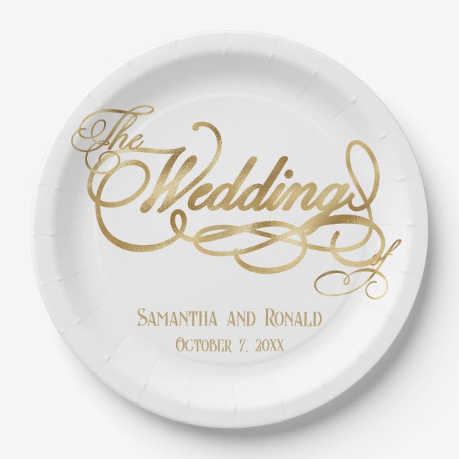 Prato De Papel Elegant White and Faux Gold Calligraphy Wedding (Frente)