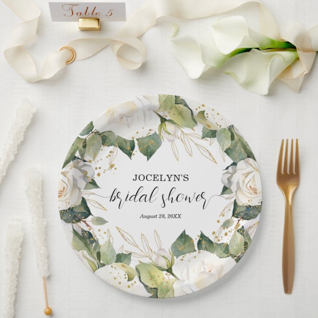 Prato De Papel Elegant White Roses Bridal Shower Square (Casamento)