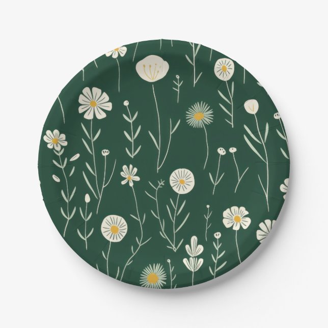 Prato De Papel Elegant Wildflower Pattern on Dark Green  (Frente)