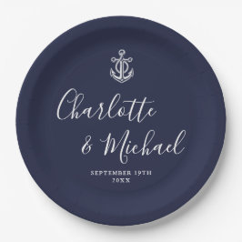 Prato De Papel Elegante Âncora Azul Marinho Casamento Náutico