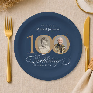 Prato De Papel Elegante Aniversário de 100 anos Azul e Dourado co