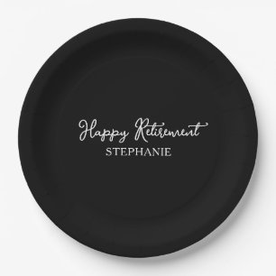 Prato De Papel Elegante Aposentadoria Preto e Branco Feliz