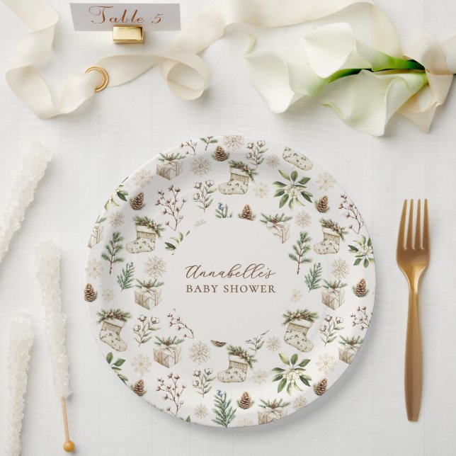 Prato De Papel Elegante Aquarela Natal ou Chá de fraldas de inver (Casamento)