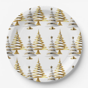Prato De Papel Elegante Árvore de Natal de inverno com neve, dour