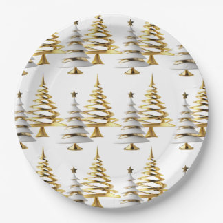 Prato De Papel Elegante Árvore de Natal de inverno com neve, dour