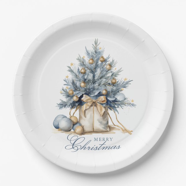 Prato De Papel Elegante Árvore de Natal Dourada Azul (Frente)