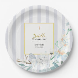 Prato De Papel Elegante Baptismo Floral Azul Dourado