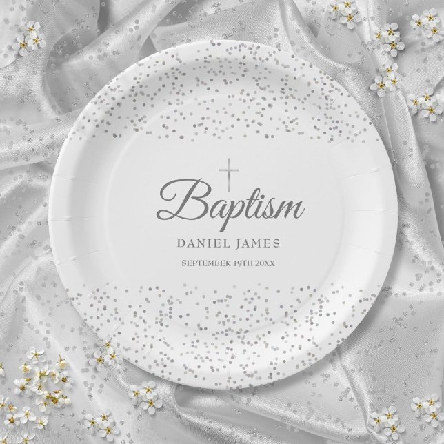 Prato De Papel Elegante Batismo de Poeira de Estrelas Prateada (Elegant Silver Stardust Baptism Christening Paper Plates)