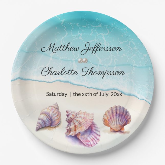 Prato De Papel Elegante Beach Wedding Seashells Pearls Náutico (Frente)