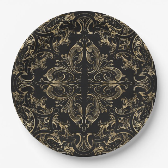 Prato De Papel Elegante Black Art Deco Design (Frente)
