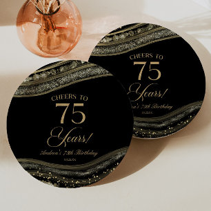 Prato De Papel Elegante Black Dourado Agate 75ª Festa de aniversá