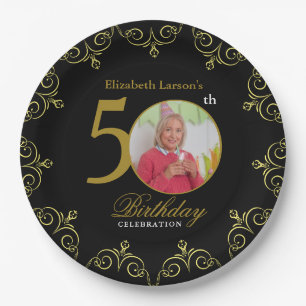 Prato De Papel Elegante Black e Dourado 50º Convite de Aniversári