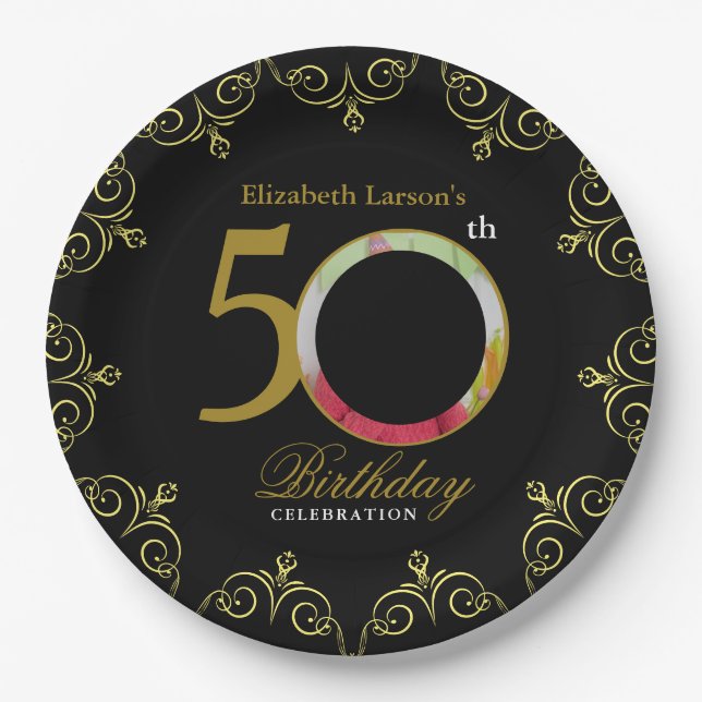 Prato De Papel Elegante Black e Dourado 50º Convite de Aniversári (Frente)