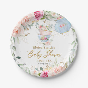 Prato De Papel Elegante Blush Floral High Tea Party Chá de fralda