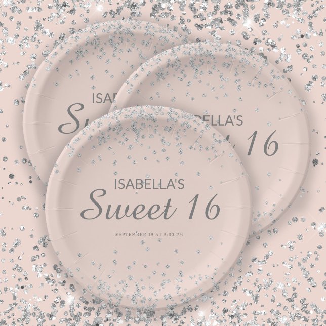 Prato De Papel Elegante Blush Pink Silver Glitter Sweet 16 Name (Criador carregado)