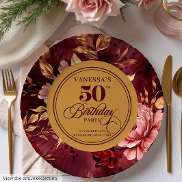 Prato De Papel Elegante Boho Burgundy Blush Dourado 50º Aniversár