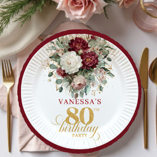 Prato De Papel Elegante Boho Marsala Floral 80º Aniversário Papel