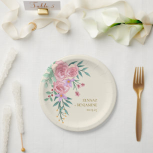 Prato De Papel Elegante Boho Rosa Bege Floral Casamento em Aquare