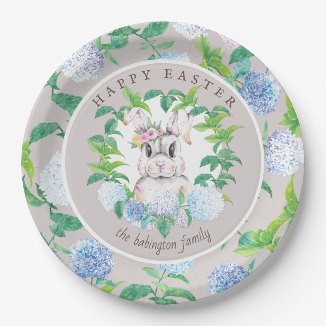 Prato De Papel Elegante Bunny Floral Wreath Family Name (Frente)