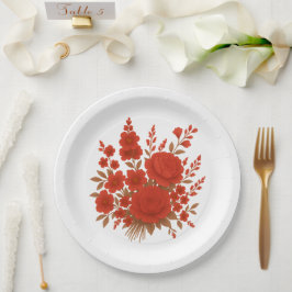 Prato De Papel Elegante Buquê Floral Vermelho com Rosas Romântica