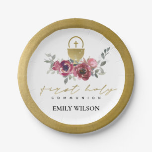 PRATO DE PAPEL ELEGANTE BURGUNDY DOURADA FLORAL PRIMEIRA COMUNICA