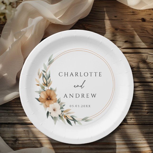 Prato De Papel Elegante Casamento Botânico Terroso de Cobre (Elegant Monogram Copper Earthy Botanical Wedding Paper Plates)