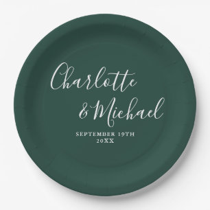 Prato De Papel Elegante Casamento de Script Emerald Green com Ass