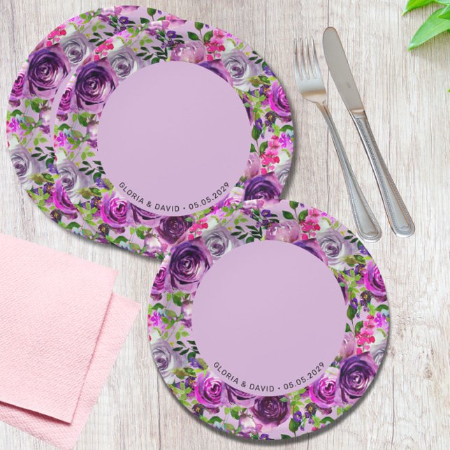 Prato De Papel Elegante Casamento Floral Roxo  (Criador carregado)