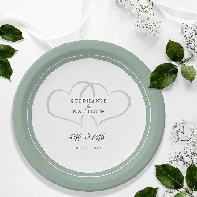 Prato De Papel Elegante Casamento Sr. e Sra. Rustic Sage Green He (Elegant Wedding Mr & Mrs Rustic Sage Green Romantic Hearts Guest Reception Dinner Paper Plates)
