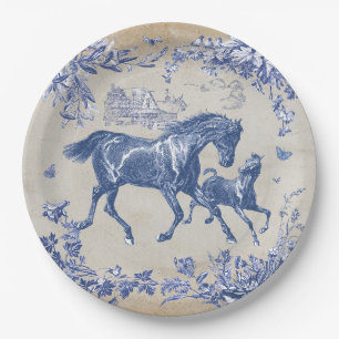 Prato De Papel Elegante Cavalos Azuis Vintage Floral