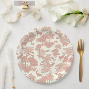 Prato De Papel Elegante Chic Coral Rosa Toile Veado Floresta