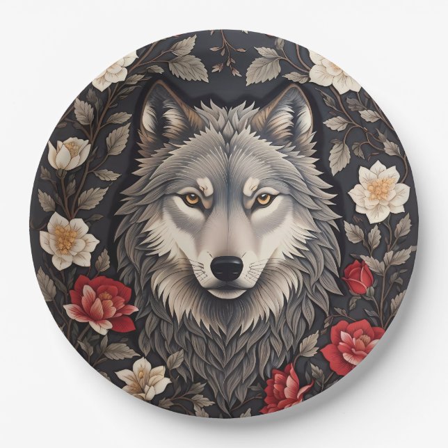 Prato De Papel Elegante Cinza Wolf Floral (Frente)