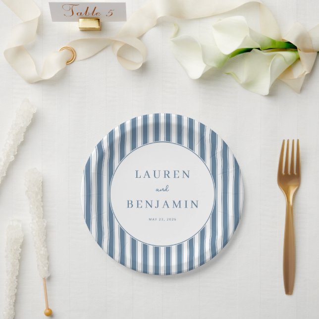 Prato De Papel Elegante Círculo Listrado de Azul-Marinho (Casamento)