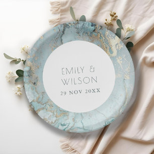 PRATO DE PAPEL ELEGANTE CLASSY AQUA DUSKY BLUE DOURADO AGATE WEDT