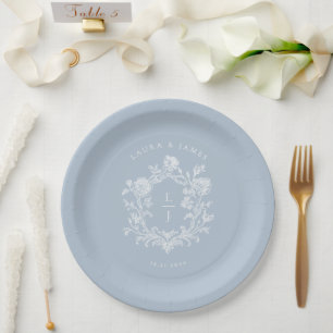 Prato De Papel Elegante Crista Floral Azul Monograma de Casamento