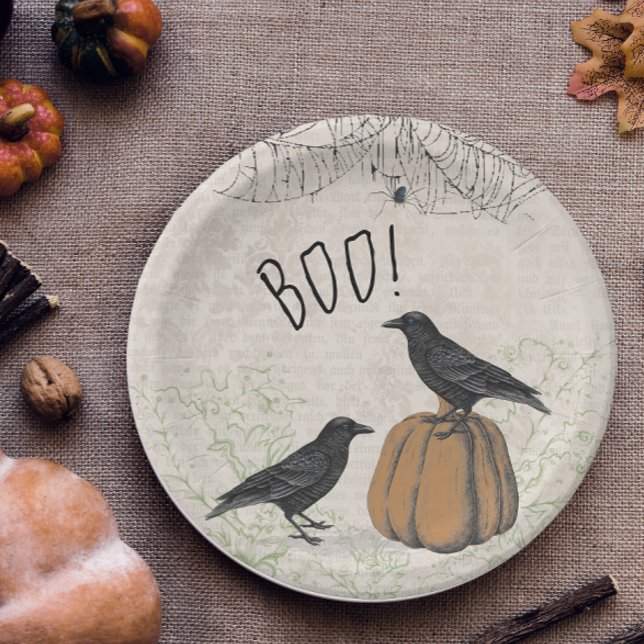 Prato De Papel Elegante Crow Halloween (Vintage Gothic Halloween Party Plate)