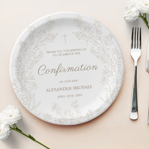 Prato De Papel Elegante Cruz Floral Confirmação Obrigado