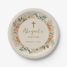 Elegante Cruz Pêssego Creme Floral Batizado Menina