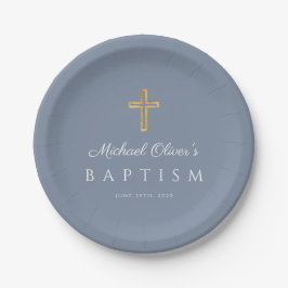 Prato De Papel Elegante Cruz Religiosa Dusty Blue Boy Baptism
